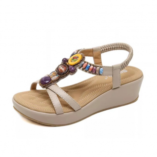 Peep Toe Wedge Rhinestone Beaded Women Summer Sandals