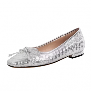 Metallic Checker Woven Square Toe Bow Ballerina Flats Women's Shoes