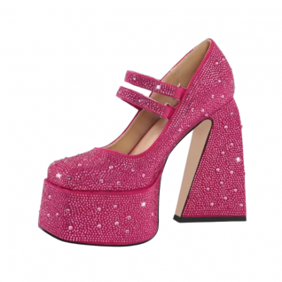 Square Toe Chunky High Heel All Rhinestone Detail Women's Shoes
