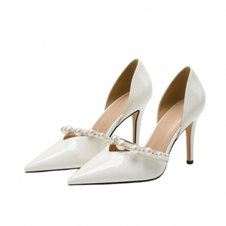 Patent Leather Pearls Deco Slip-ons High Heels Women's Shoes