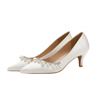 Satin Pointed Toe Kitchen Heels Pearls Deco Women's Shoes