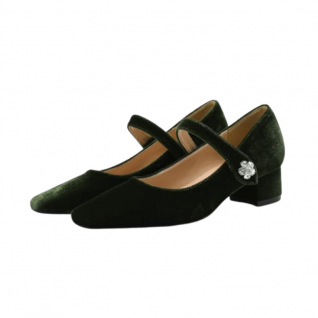Velvet Square Toe Chunky Heels Mary Jane Women's Shoes